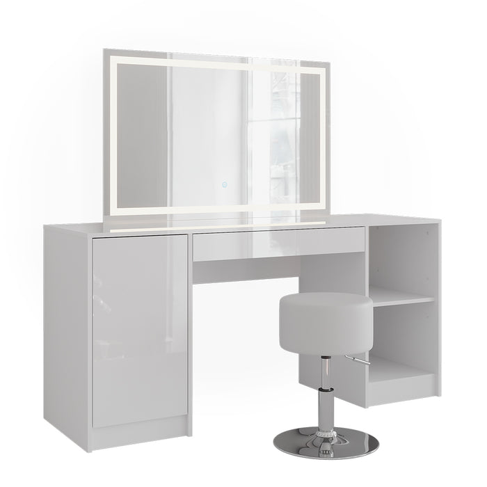 Vicco Tavolo da toeletta Bianco/bianco lucido 158.2 cm con specchio LED e sgabello