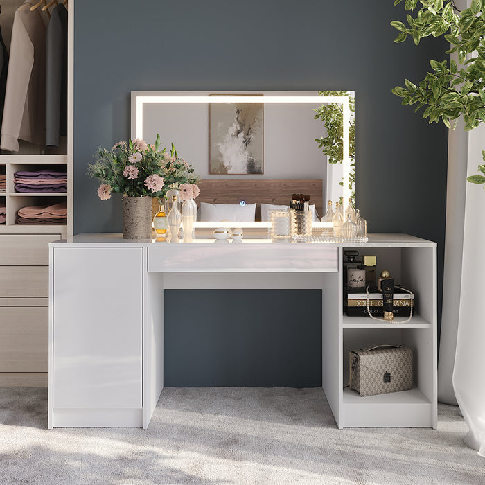 Vicco Tavolo da toeletta Bianco/bianco lucido 158.2 cm con specchio LED