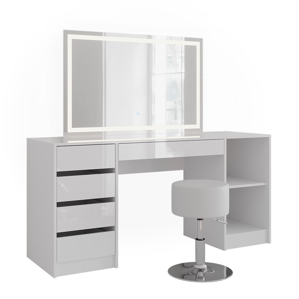 Vicco Tavolo da toeletta Bianco/bianco lucido 158.2 cm con specchio LED e sgabello