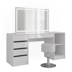 Vicco Tavolo da toeletta Bianco/bianco lucido 158.2 cm con specchio LED e sgabello