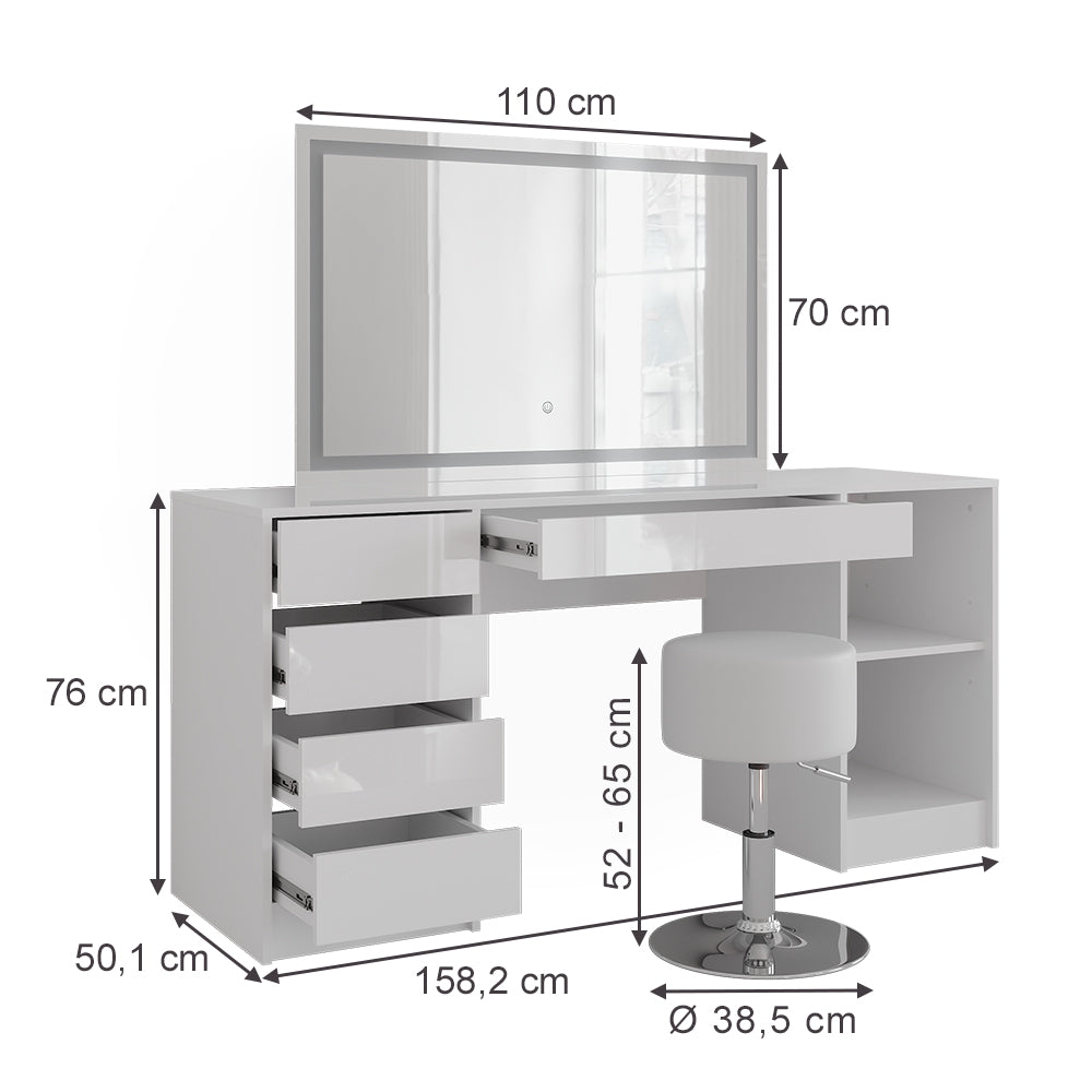 Vicco Tavolo da toeletta Bianco/bianco lucido 158.2 cm con specchio LED e sgabello