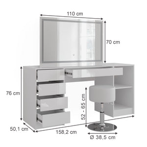 Vicco Tavolo da toeletta Bianco/bianco lucido 158.2 cm con specchio LED e sgabello