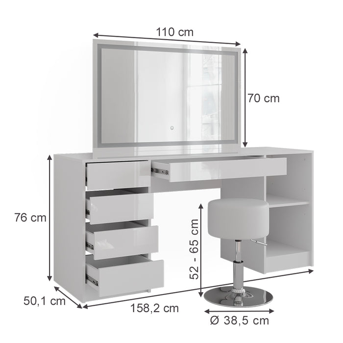 Vicco Tavolo da toeletta Bianco/bianco lucido 158.2 cm con specchio LED e sgabello
