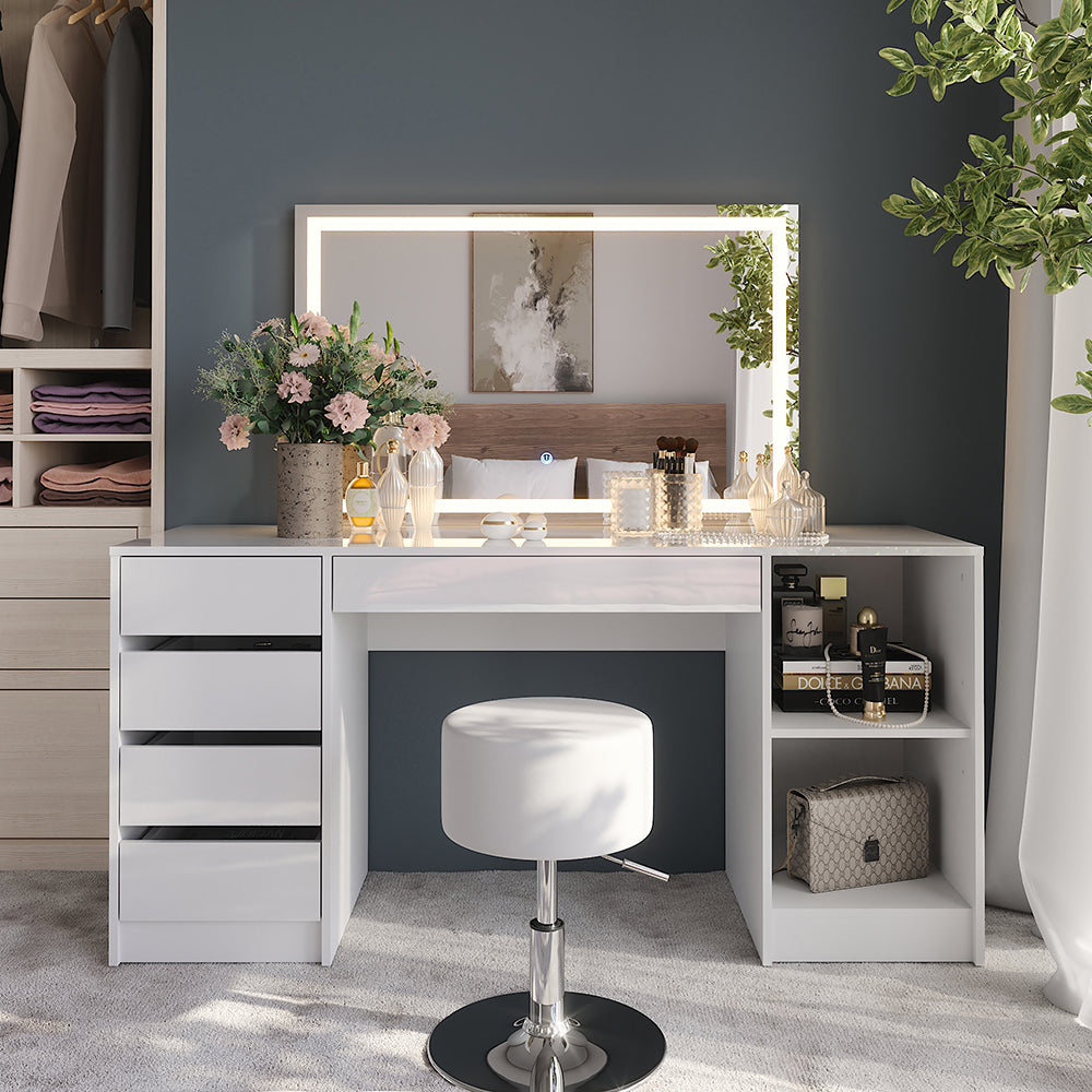 Vicco Tavolo da toeletta Bianco/bianco lucido 158.2 cm con specchio LED e sgabello