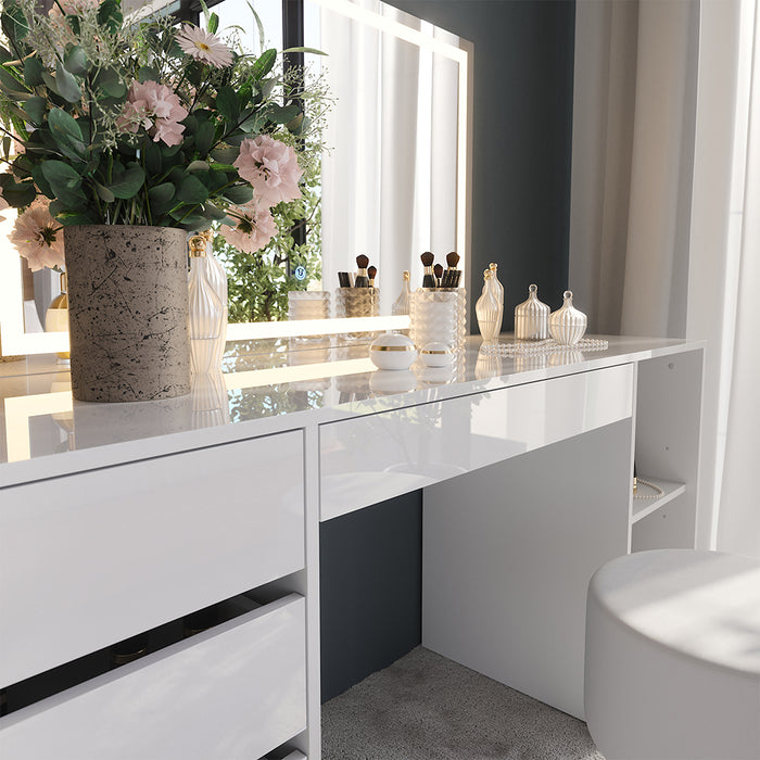 Vicco Tavolo da toeletta Bianco/bianco lucido 158.2 cm con specchio LED e sgabello