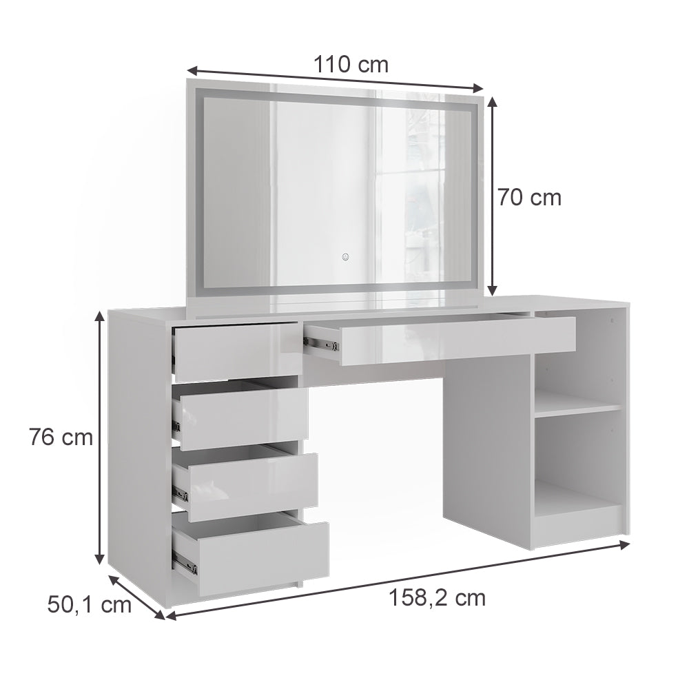 Vicco Tavolo da toeletta Bianco/bianco lucido 158.2 cm con specchio LED