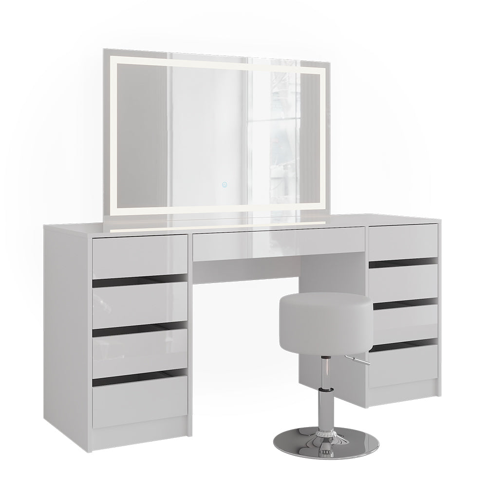 Vicco Tavolo da toeletta Bianco/bianco lucido 158.2 cm con specchio LED e sgabello