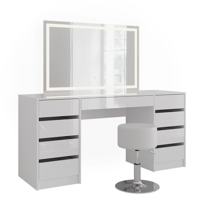 Vicco Tavolo da toeletta Bianco/bianco lucido 158.2 cm con specchio LED e sgabello