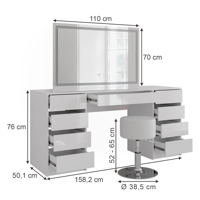 Vicco Tavolo da toeletta Bianco/bianco lucido 158.2 cm con specchio LED e sgabello