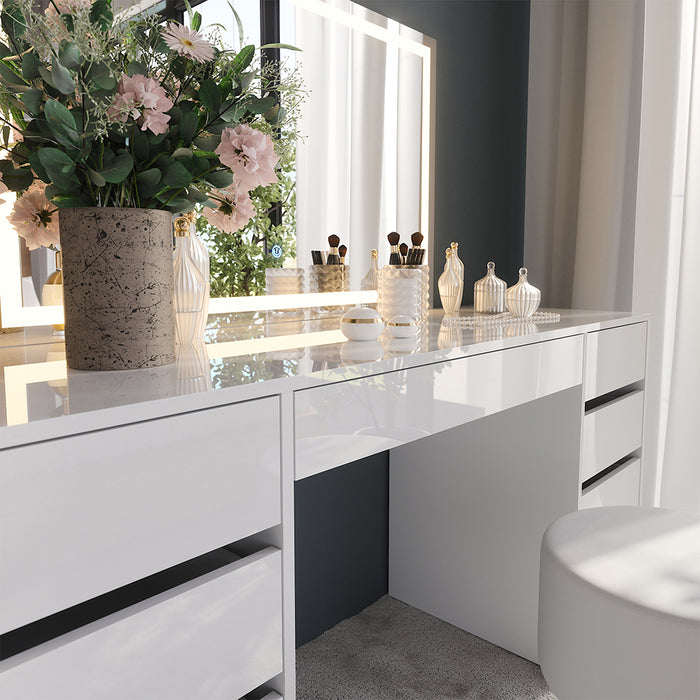 Vicco Tavolo da toeletta Bianco/bianco lucido 158.2 cm con specchio LED e sgabello