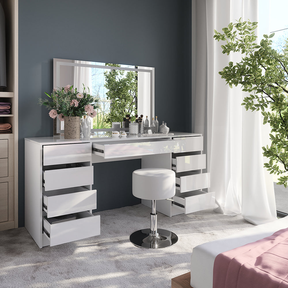 Vicco Tavolo da toeletta Bianco/bianco lucido 158.2 cm con specchio LED e sgabello