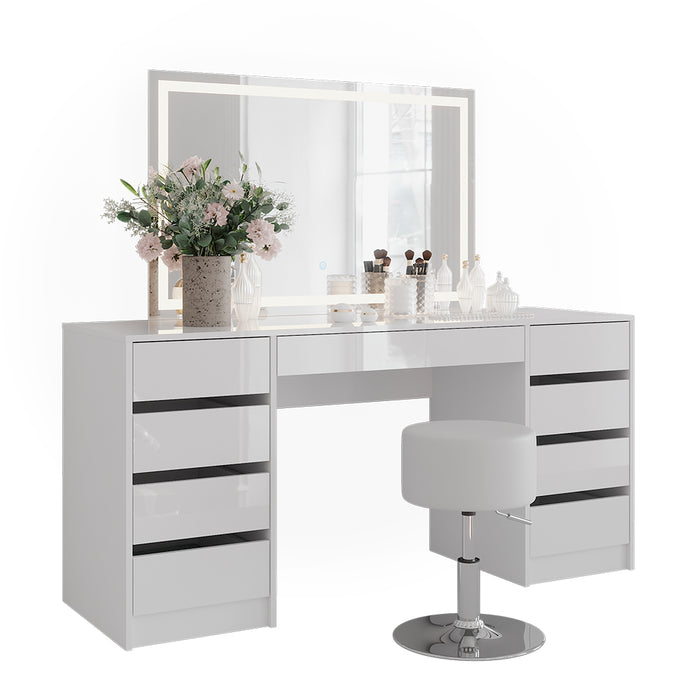Vicco Tavolo da toeletta Bianco/bianco lucido 158.2 cm con specchio LED e sgabello