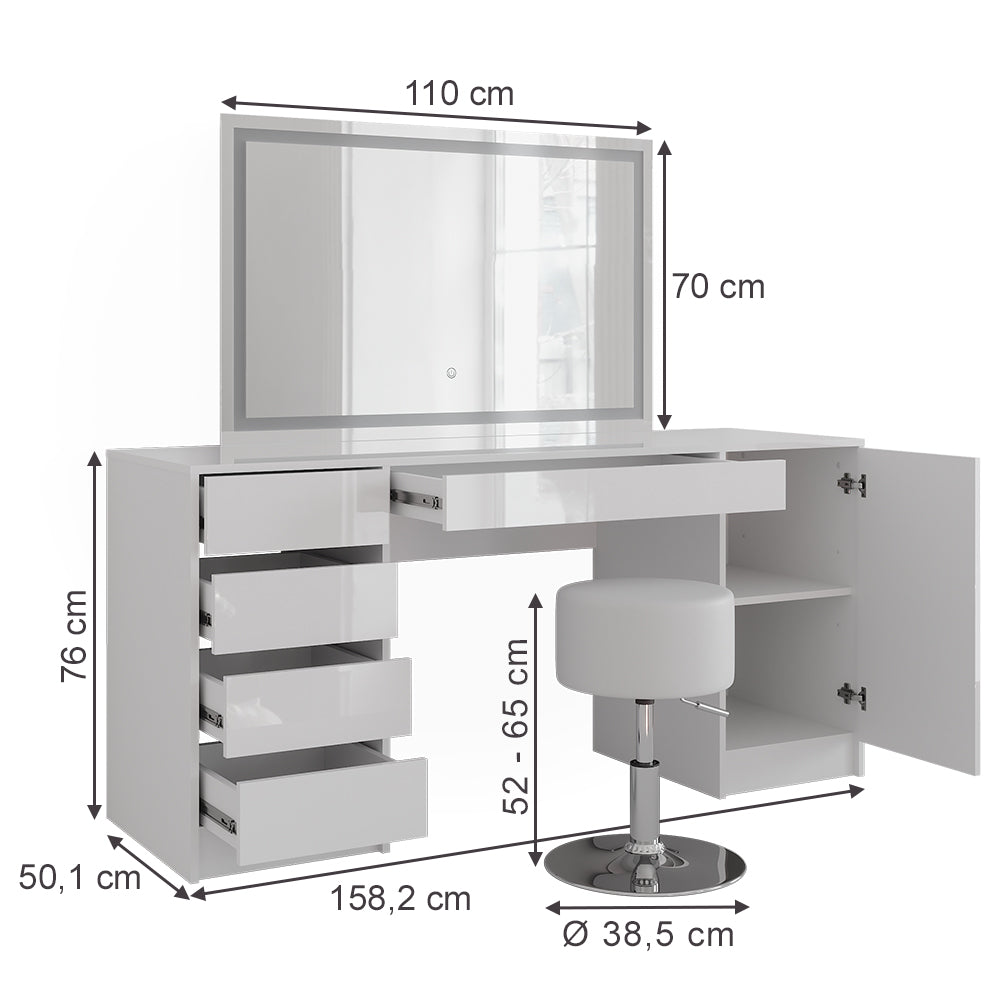 Vicco Tavolo da toeletta Bianco/bianco lucido 158.2 cm con specchio LED e sgabello