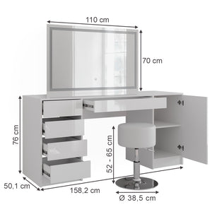 Vicco Tavolo da toeletta Bianco/bianco lucido 158.2 cm con specchio LED e sgabello