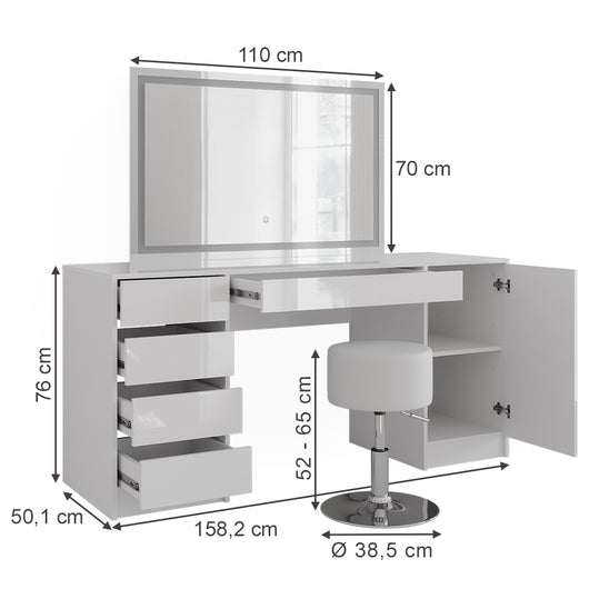 Vicco Tavolo da toeletta Bianco/bianco lucido 158.2 cm con specchio LED e sgabello