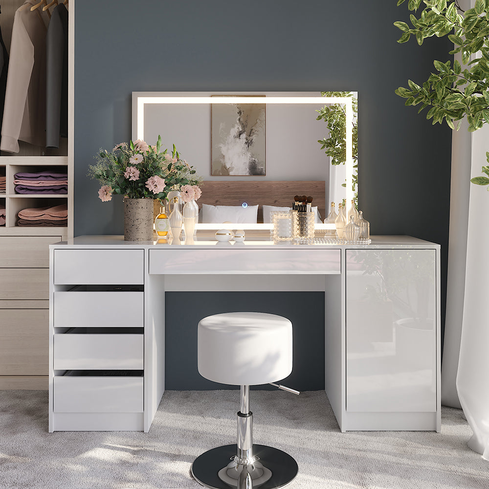 Vicco Tavolo da toeletta Bianco/bianco lucido 158.2 cm con specchio LED e sgabello