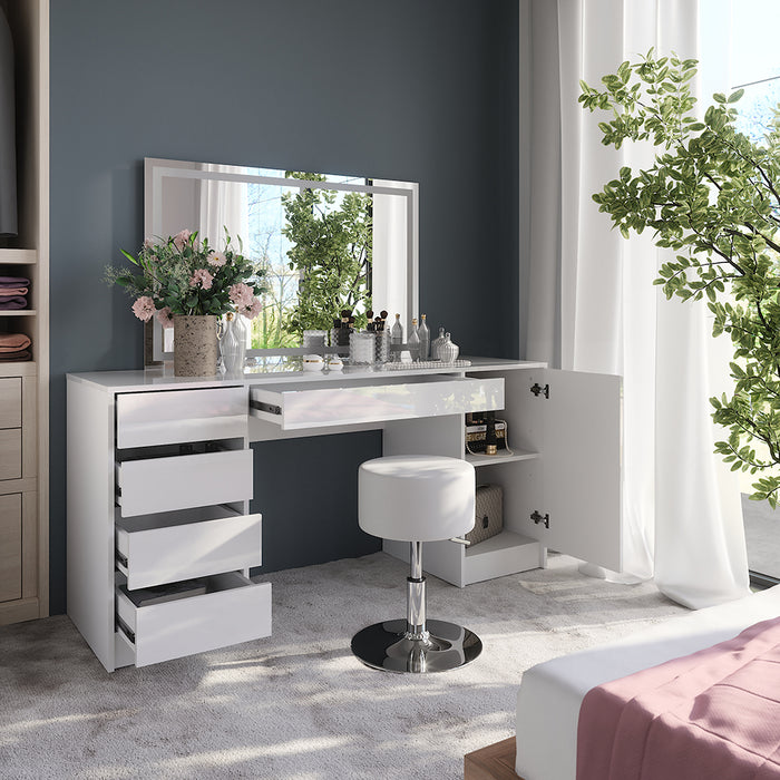 Vicco Tavolo da toeletta Bianco/bianco lucido 158.2 cm con specchio LED e sgabello