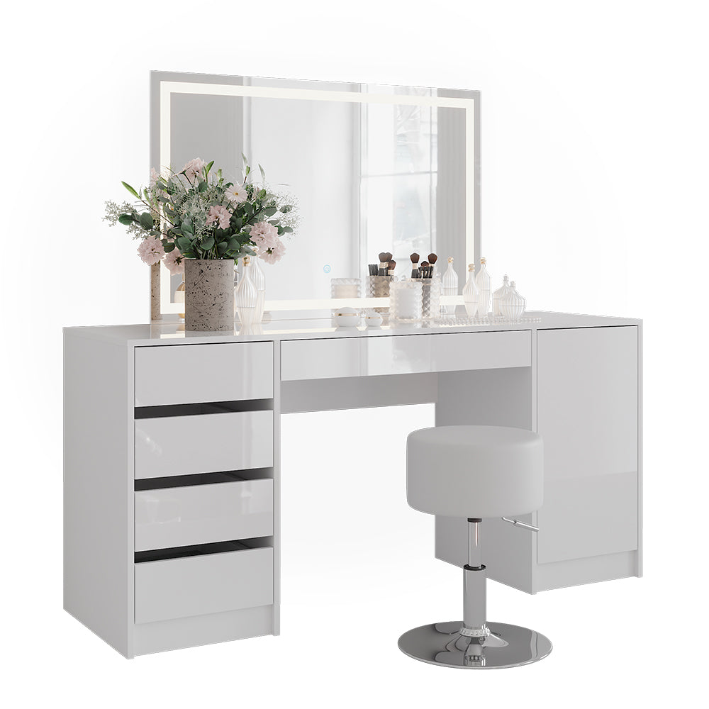 Vicco Tavolo da toeletta Bianco/bianco lucido 158.2 cm con specchio LED e sgabello