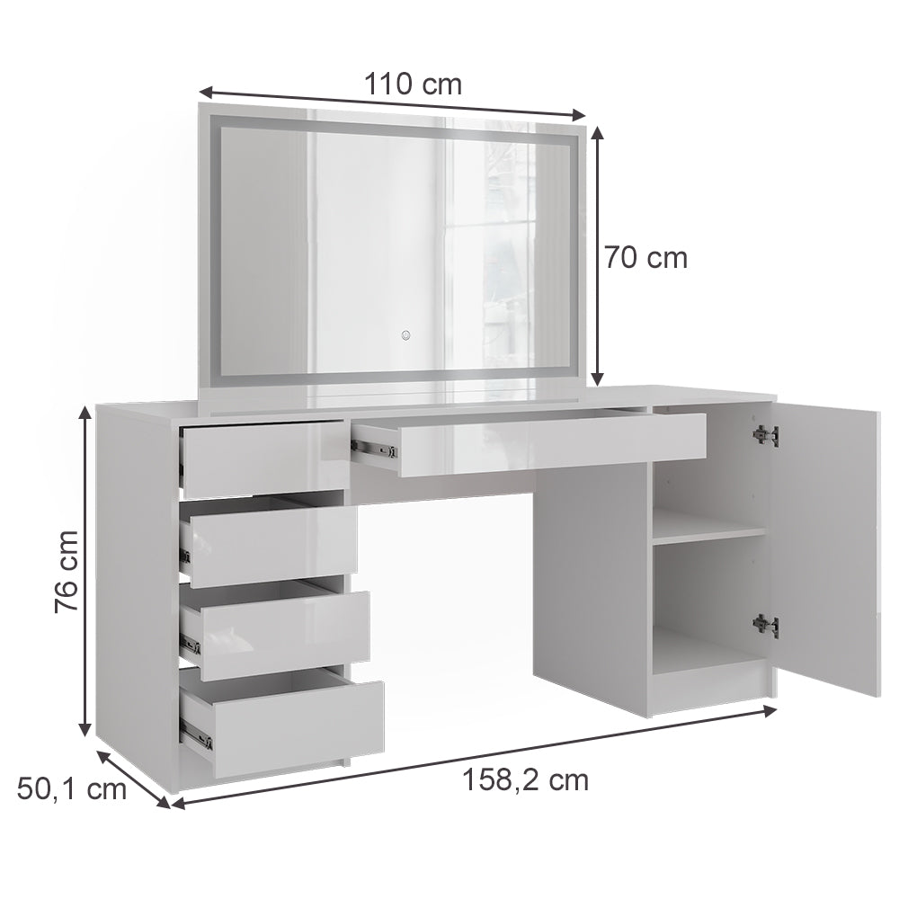 Vicco Tavolo da toeletta Bianco/bianco lucido 158.2 cm con specchio LED