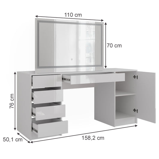Vicco Tavolo da toeletta Bianco/bianco lucido 158.2 cm con specchio LED