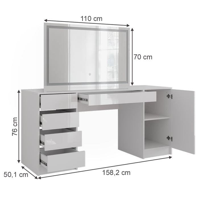 Vicco Tavolo da toeletta Bianco/bianco lucido 158.2 cm con specchio LED