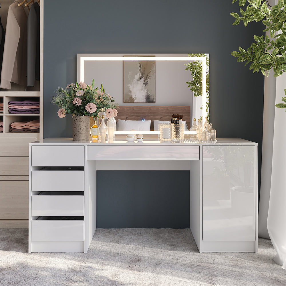 Vicco Tavolo da toeletta Bianco/bianco lucido 158.2 cm con specchio LED