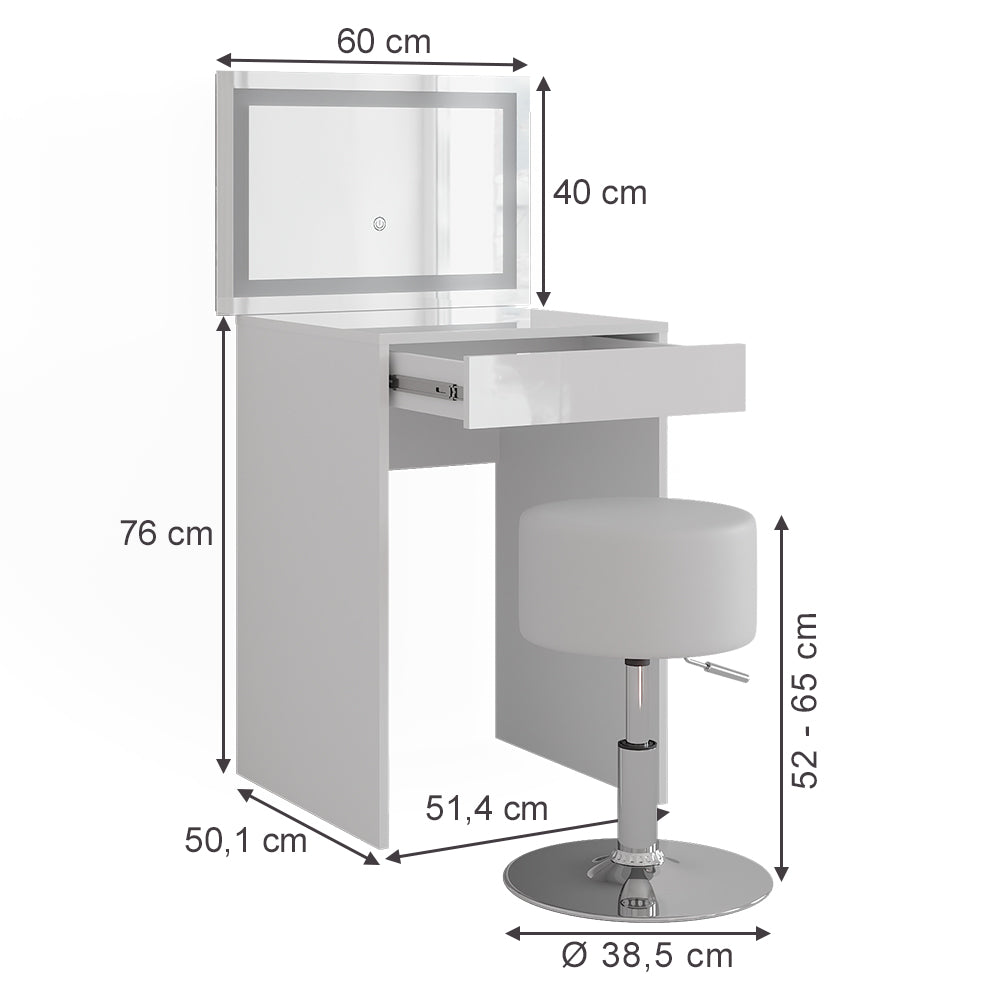 Vicco Tavolo da toeletta Bianco/bianco lucido 51.4 cm con specchio LED e sgabello