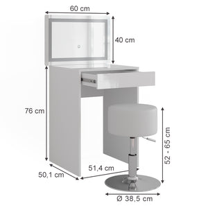 Vicco Tavolo da toeletta Bianco/bianco lucido 51.4 cm con specchio LED e sgabello