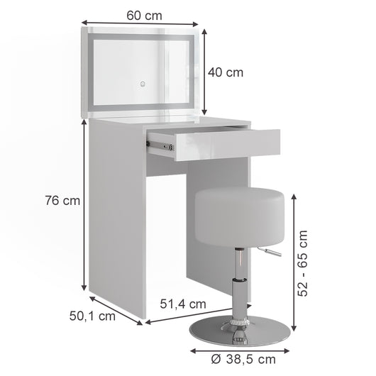 Vicco Tavolo da toeletta Bianco/bianco lucido 51.4 cm con specchio LED e sgabello
