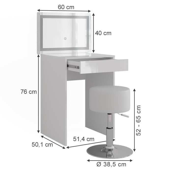 Vicco Tavolo da toeletta Bianco/bianco lucido 51.4 cm con specchio LED e sgabello