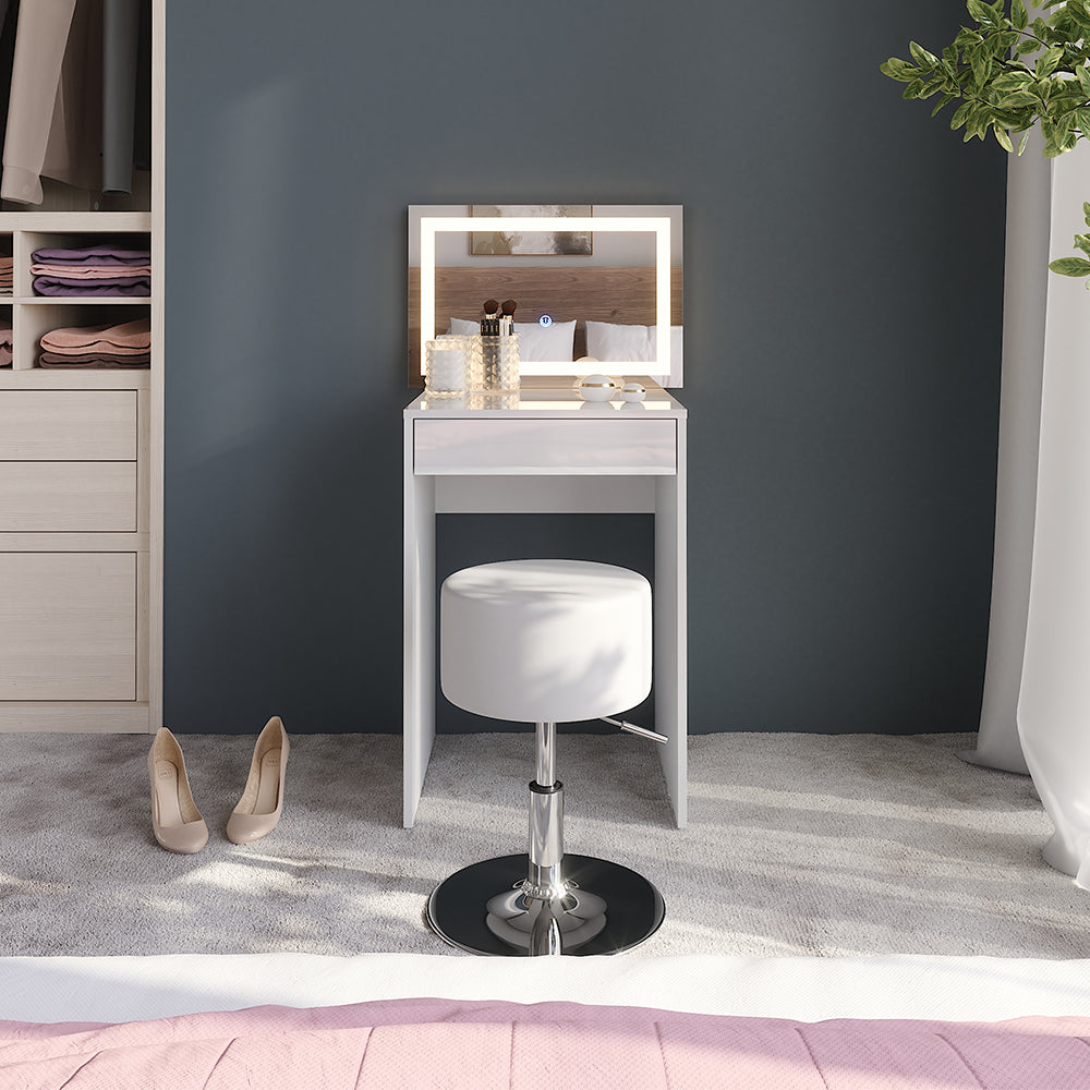 Vicco Tavolo da toeletta Bianco/bianco lucido 51.4 cm con specchio LED e sgabello