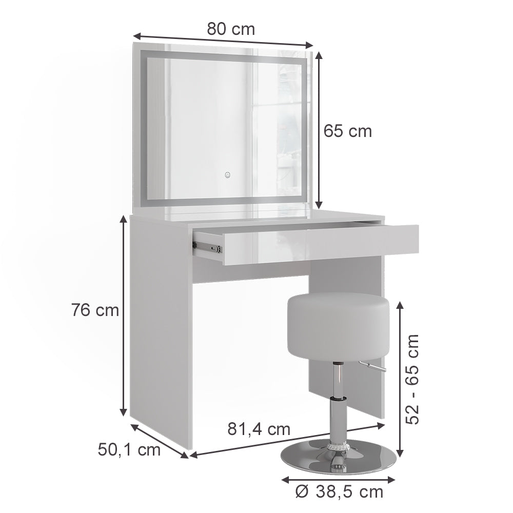 Vicco Tavolo da toeletta Bianco/bianco lucido 81.4 cm con specchio LED e sgabello