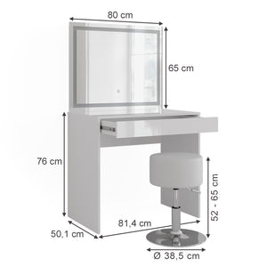 Vicco Tavolo da toeletta Bianco/bianco lucido 81.4 cm con specchio LED e sgabello