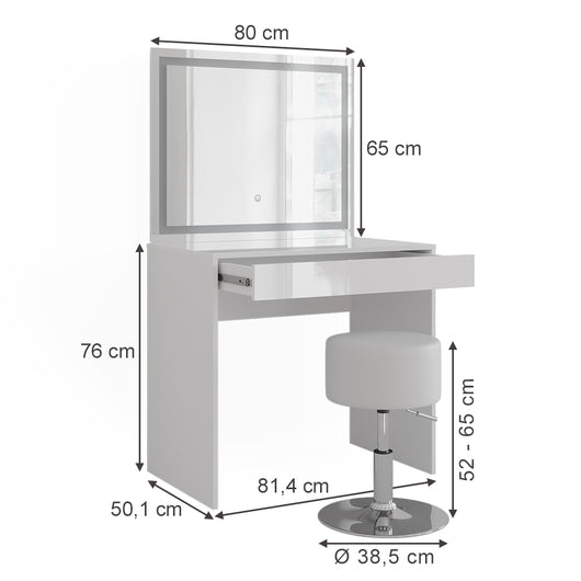 Vicco Tavolo da toeletta Bianco/bianco lucido 81.4 cm con specchio LED e sgabello