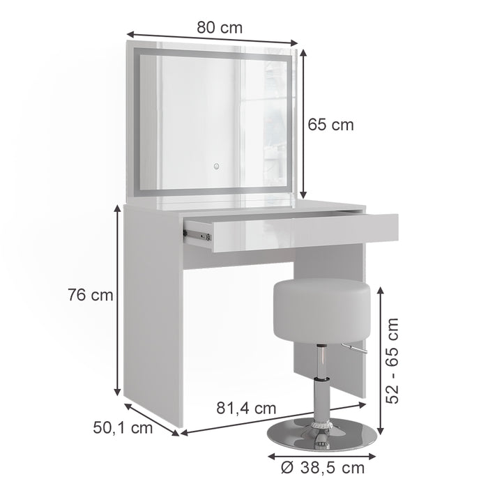 Vicco Tavolo da toeletta Bianco/bianco lucido 81.4 cm con specchio LED e sgabello