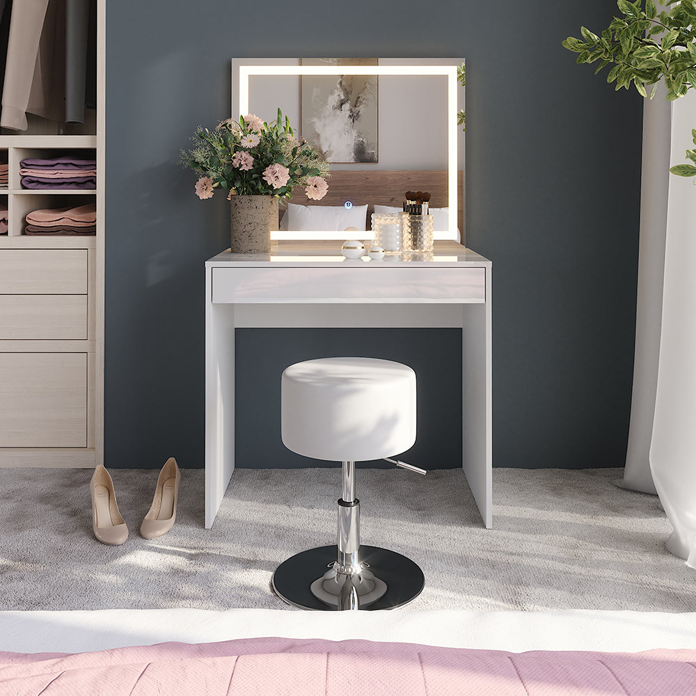 Vicco Tavolo da toeletta Bianco/bianco lucido 81.4 cm con specchio LED e sgabello