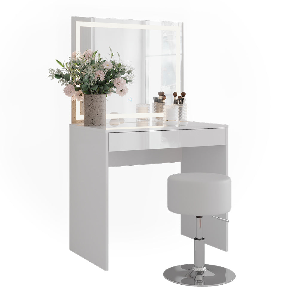 Vicco Tavolo da toeletta Bianco/bianco lucido 81.4 cm con specchio LED e sgabello