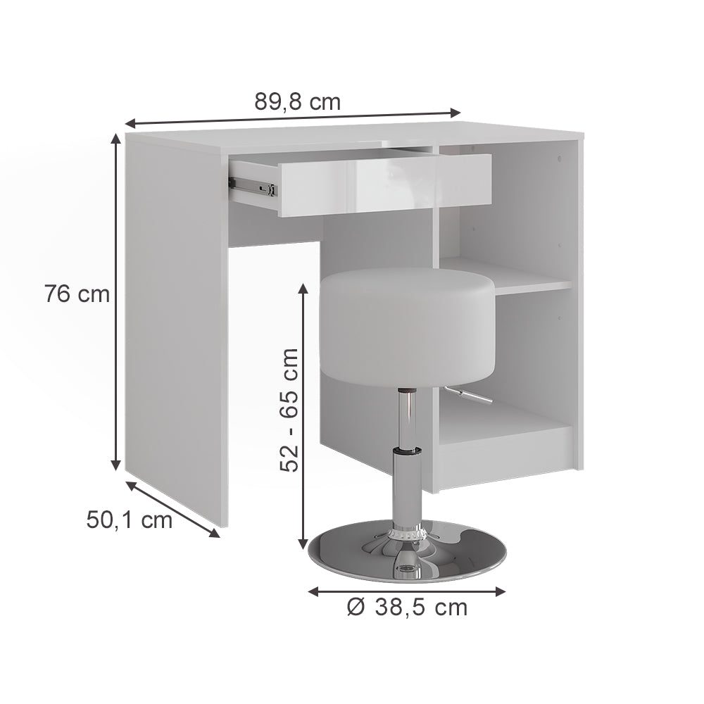 Vicco Tavolo da toeletta Bianco/bianco lucido 89.8 cm con sgabello