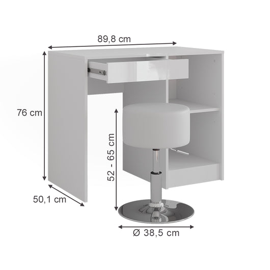 Vicco Tavolo da toeletta Bianco/bianco lucido 89.8 cm con sgabello