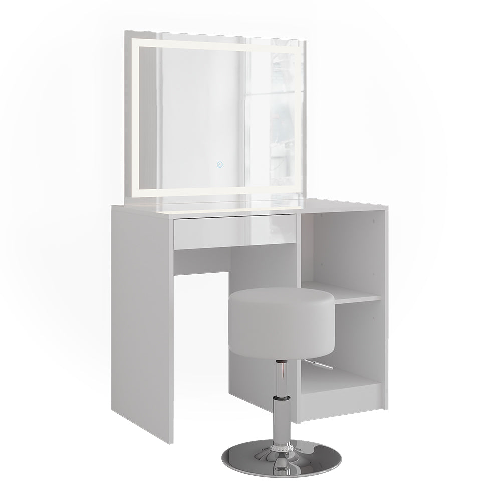 Vicco Tavolo da toeletta Bianco/bianco lucido 89.8 cm con specchio LED e sgabello