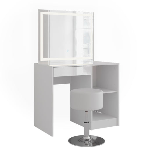 Vicco Tavolo da toeletta Bianco/bianco lucido 89.8 cm con specchio LED e sgabello