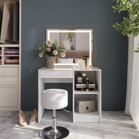 Vicco Tavolo da toeletta Bianco/bianco lucido 89.8 cm con specchio LED e sgabello