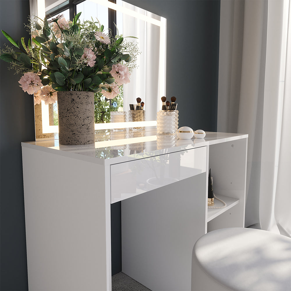 Vicco Tavolo da toeletta Bianco/bianco lucido 89.8 cm con specchio LED e sgabello