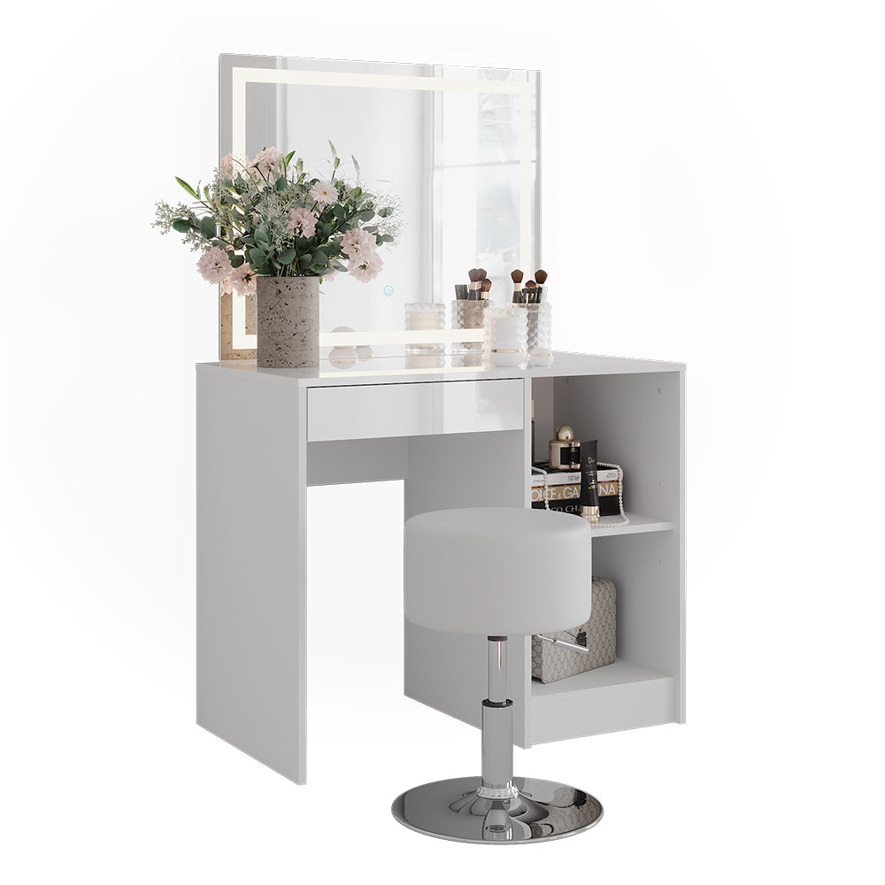 Vicco Tavolo da toeletta Bianco/bianco lucido 89.8 cm con specchio LED e sgabello