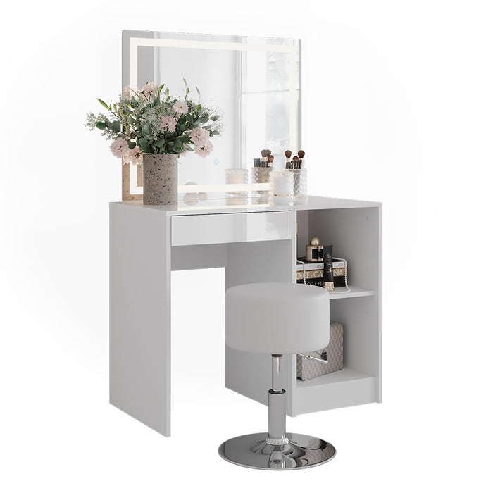 Vicco Tavolo da toeletta Bianco/bianco lucido 89.8 cm con specchio LED e sgabello