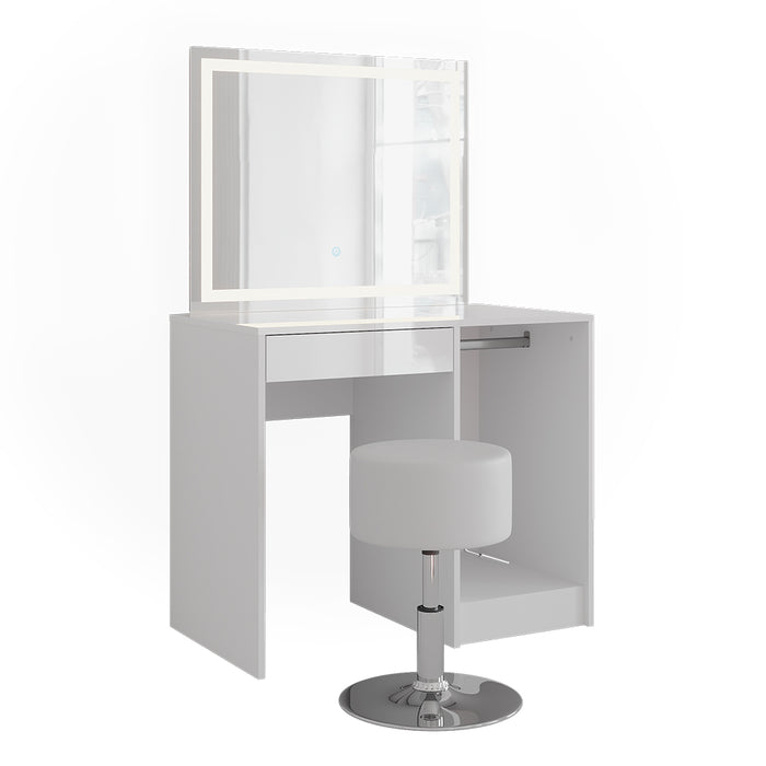 Vicco Tavolo da toeletta Bianco/bianco lucido 89.8 cm con specchio LED e sgabello