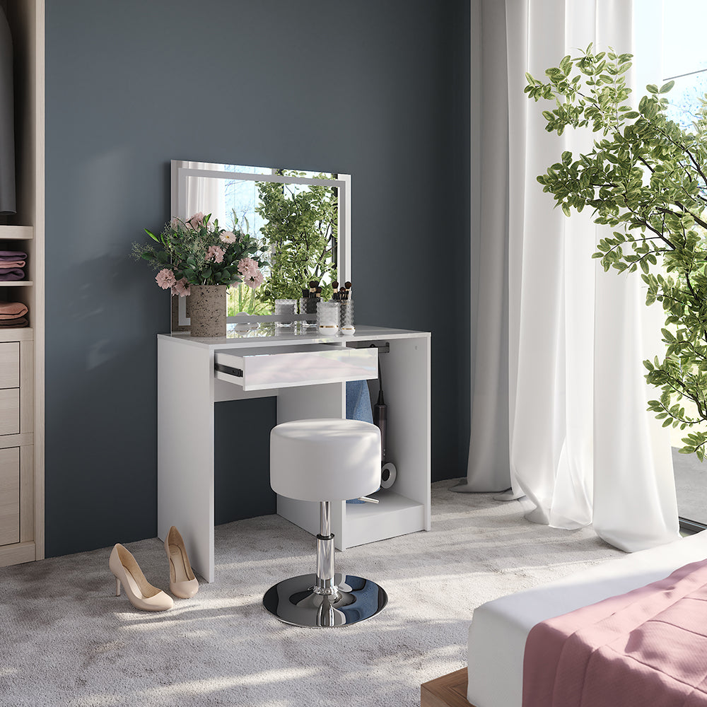 Vicco Tavolo da toeletta Bianco/bianco lucido 89.8 cm con specchio LED e sgabello
