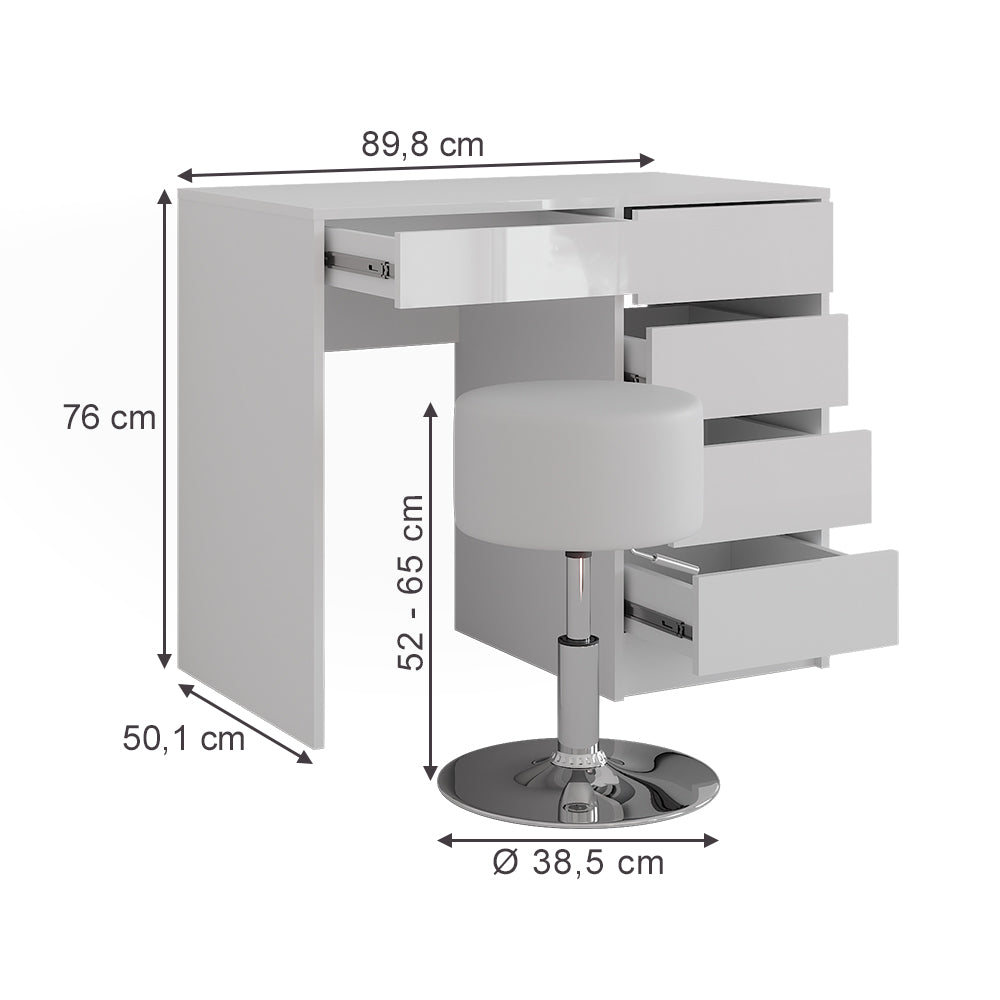 Vicco Tavolo da toeletta Bianco/bianco lucido 89.8 cm con sgabello