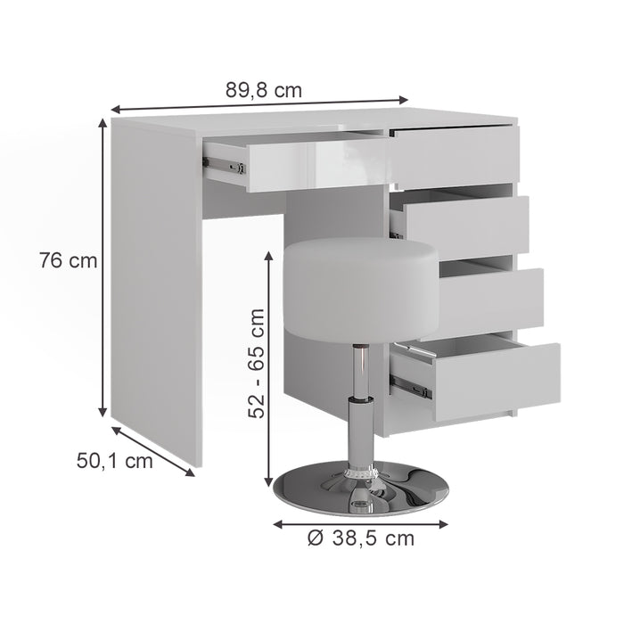 Vicco Tavolo da toeletta Bianco/bianco lucido 89.8 cm con sgabello