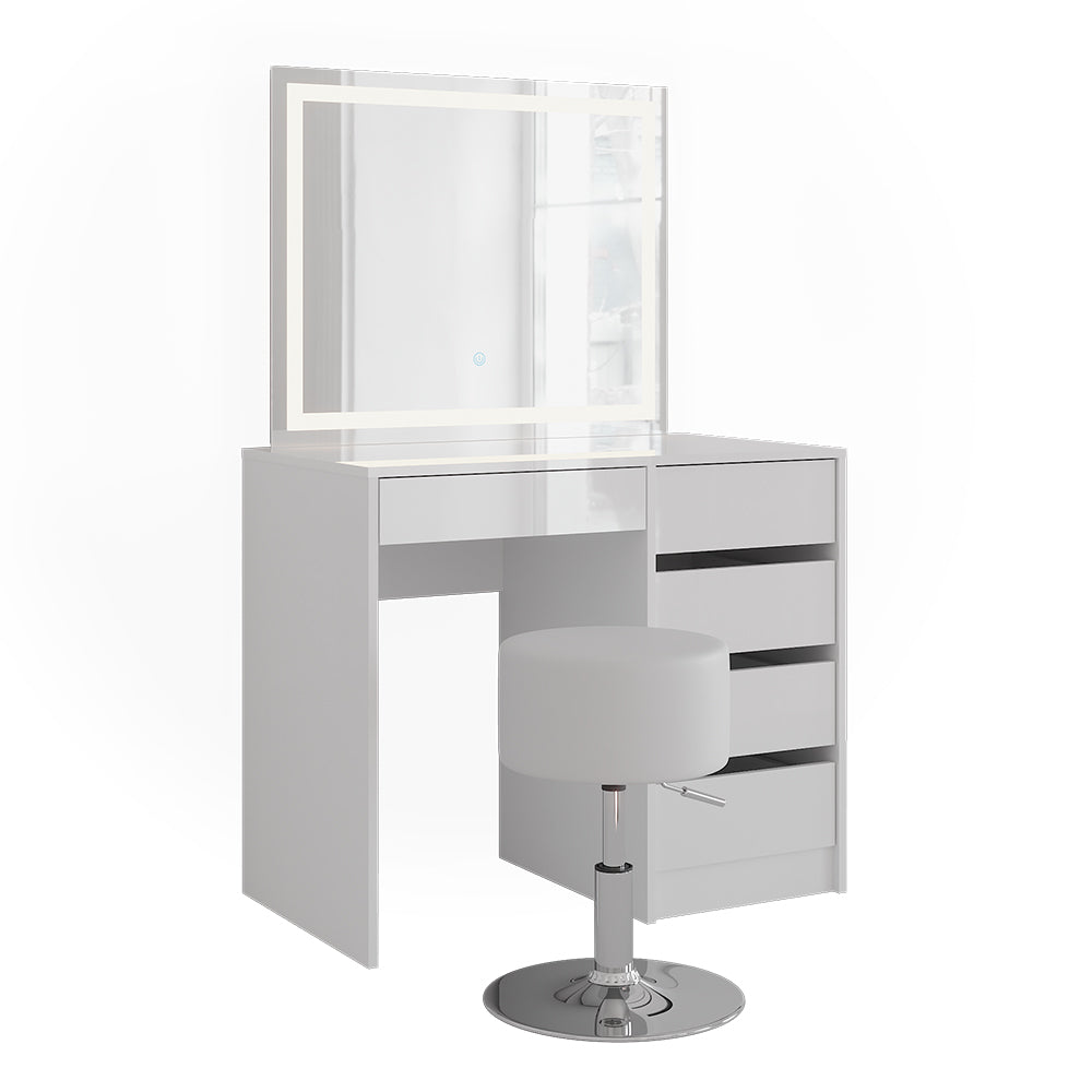 Vicco Tavolo da toeletta Bianco/bianco lucido 89.8 cm con specchio LED e sgabello